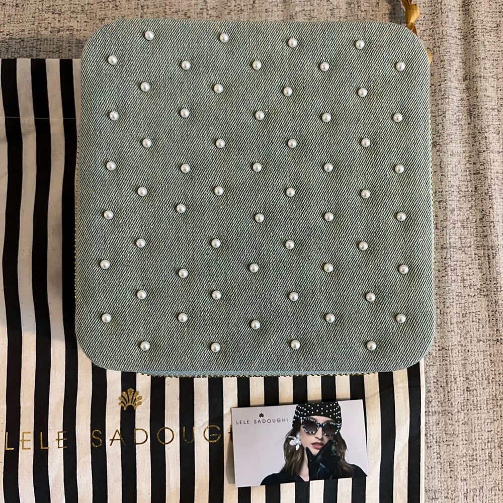 Lele Sadoughi Acid Wash Denim & Pearls Zip Sunglass Travel Case/ Storage NWOT